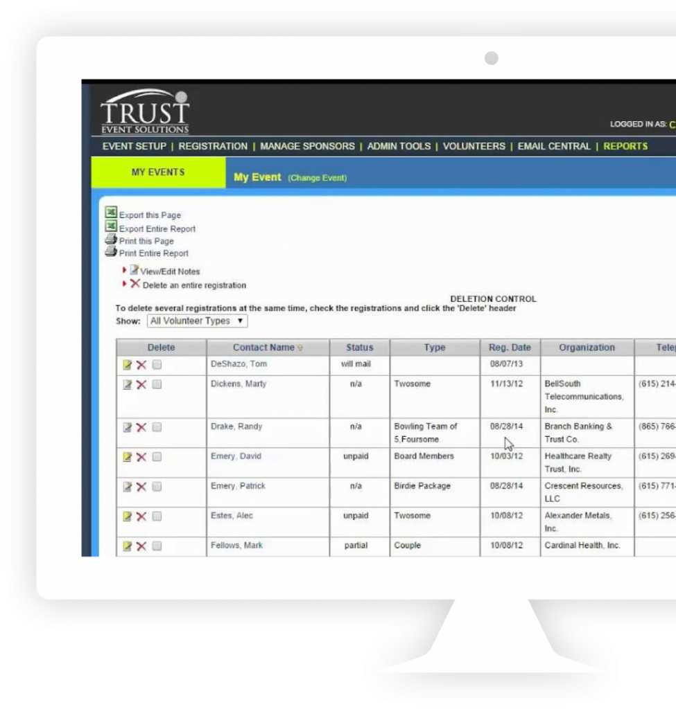 A cropped example screenshot of the "My Events" screen of Trust Event Solutions.
